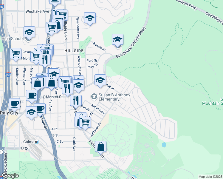 map of restaurants, bars, coffee shops, grocery stores, and more near 606 Orange Street in Daly City