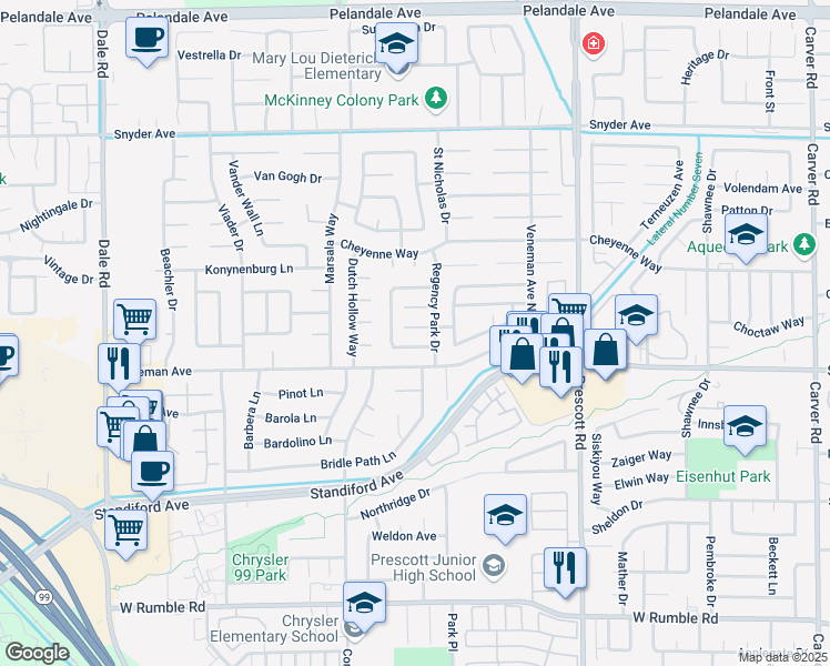 map of restaurants, bars, coffee shops, grocery stores, and more near 2328 Bromwich Court in Modesto