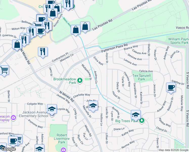 map of restaurants, bars, coffee shops, grocery stores, and more near 473 Andrea Circle in Livermore