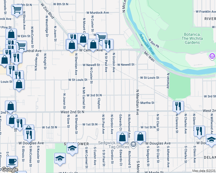 map of restaurants, bars, coffee shops, grocery stores, and more near 434 North Saint Paul Street in Wichita