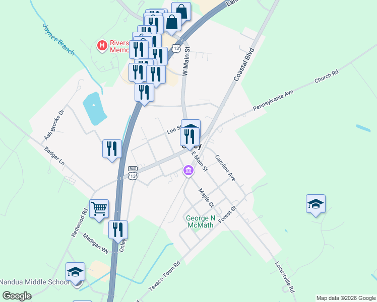 map of restaurants, bars, coffee shops, grocery stores, and more near 25470-25498 Coastal Blvd in Onley