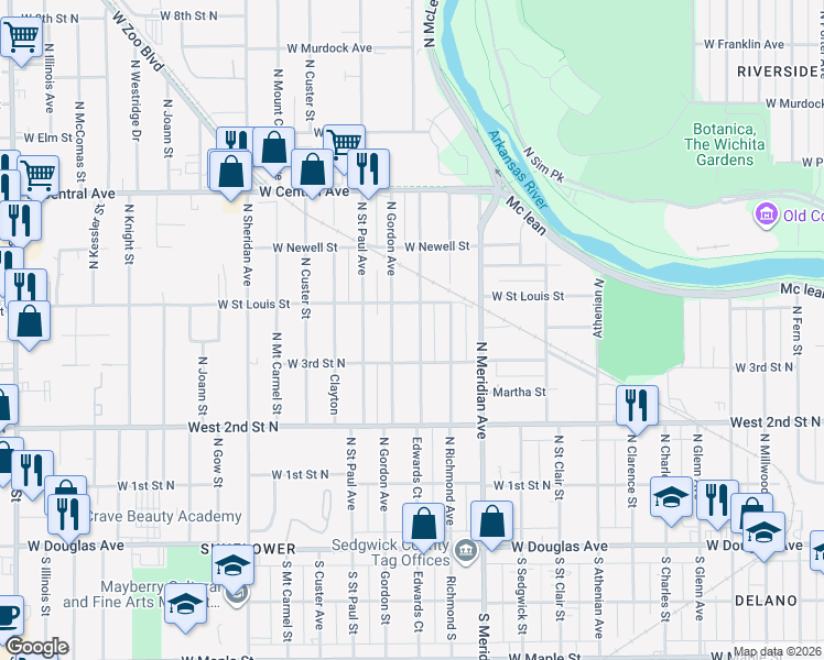 map of restaurants, bars, coffee shops, grocery stores, and more near 431 North Edwards Avenue in Wichita