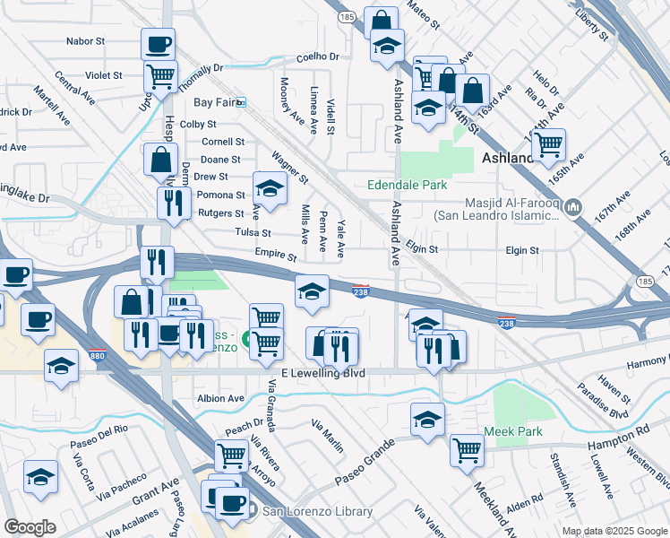 map of restaurants, bars, coffee shops, grocery stores, and more near 672 Empire Street in San Lorenzo