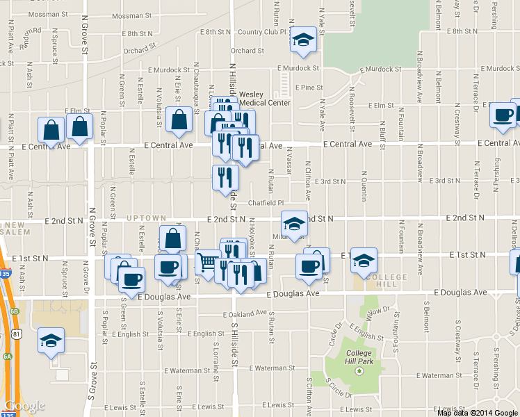 map of restaurants, bars, coffee shops, grocery stores, and more near 3241 Chatfield Place in Wichita