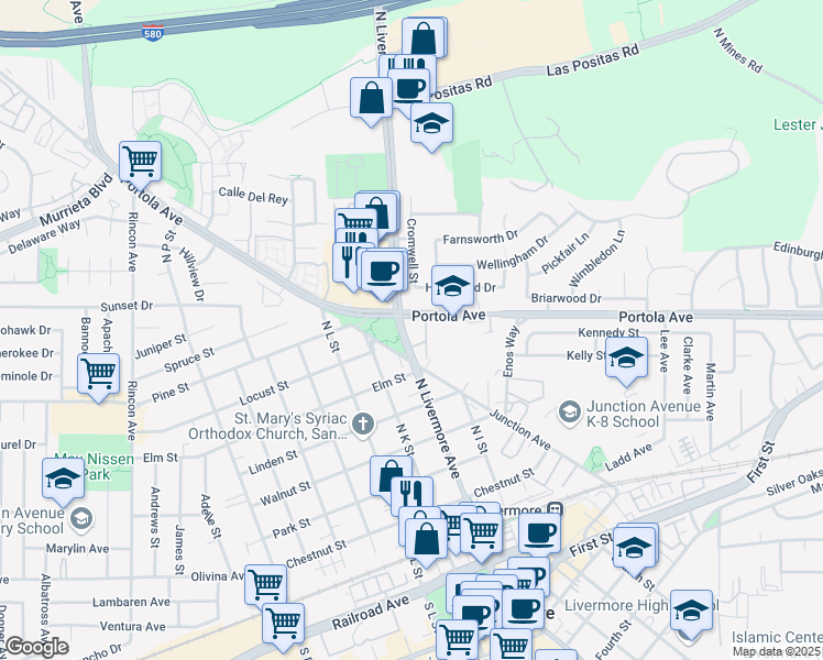 map of restaurants, bars, coffee shops, grocery stores, and more near in Livermore