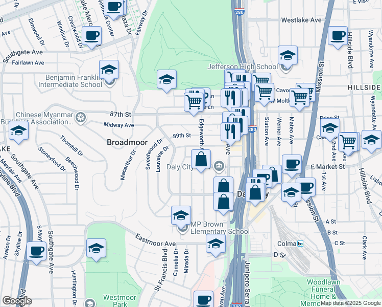 map of restaurants, bars, coffee shops, grocery stores, and more near 410 91st Street in Daly City
