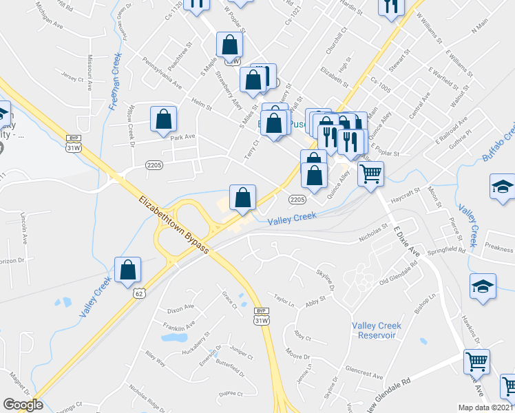 map of restaurants, bars, coffee shops, grocery stores, and more near 319 South Mulberry Street in Elizabethtown