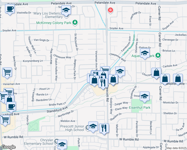 map of restaurants, bars, coffee shops, grocery stores, and more near 3609 Veneman Avenue North in Modesto