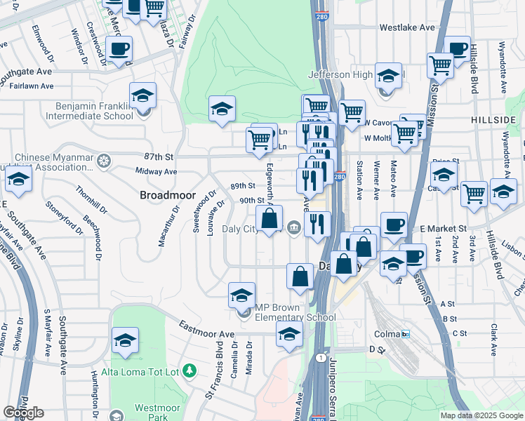 map of restaurants, bars, coffee shops, grocery stores, and more near 410 91st Street in Daly City