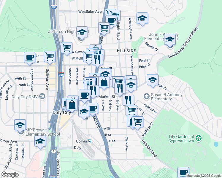 map of restaurants, bars, coffee shops, grocery stores, and more near 165 2nd Avenue in Daly City
