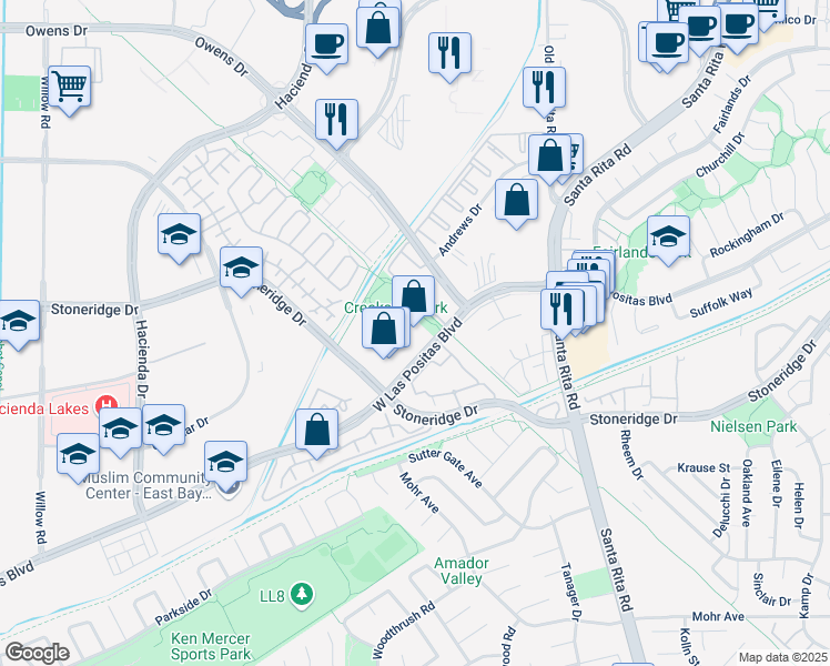 map of restaurants, bars, coffee shops, grocery stores, and more near 5635 West Las Positas Boulevard in Pleasanton