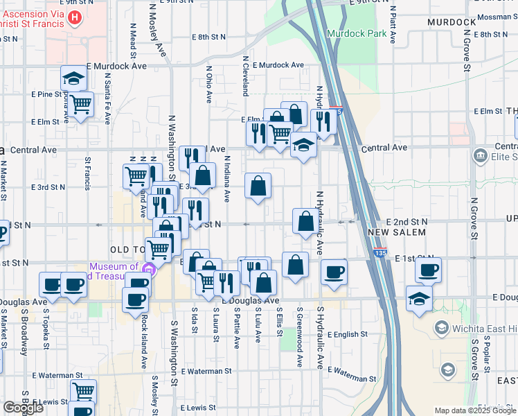 map of restaurants, bars, coffee shops, grocery stores, and more near 318 North Cleveland in Wichita