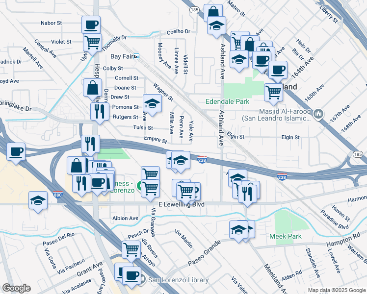 map of restaurants, bars, coffee shops, grocery stores, and more near 672 Empire Street in San Lorenzo
