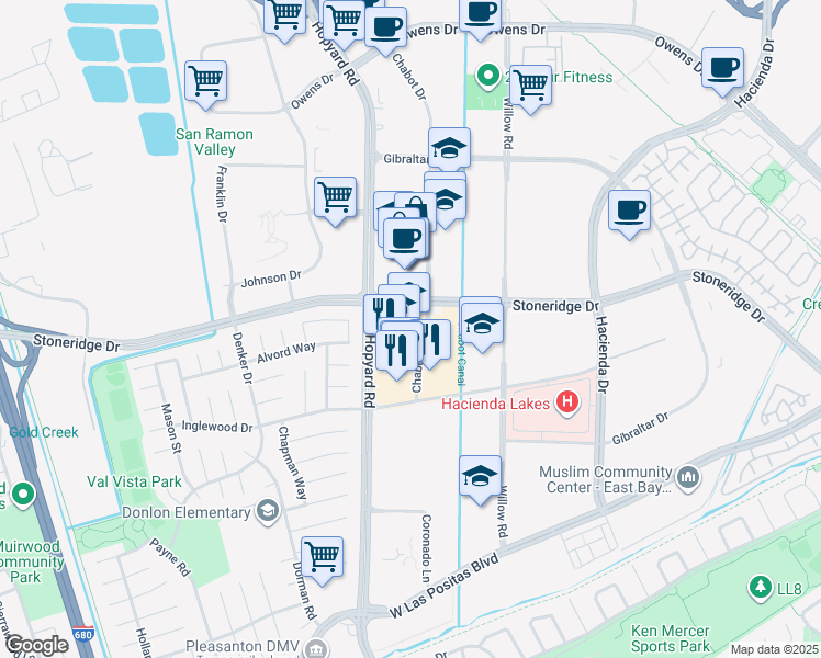 map of restaurants, bars, coffee shops, grocery stores, and more near 5980 Stoneridge Drive in Pleasanton