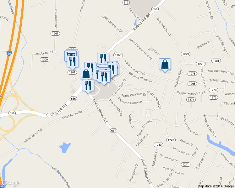 map of restaurants, bars, coffee shops, grocery stores, and more near 9446 Apple Blossom Drive in Mechanicsville
