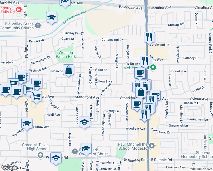 map of restaurants, bars, coffee shops, grocery stores, and more near 3613 Columbine Drive in Modesto