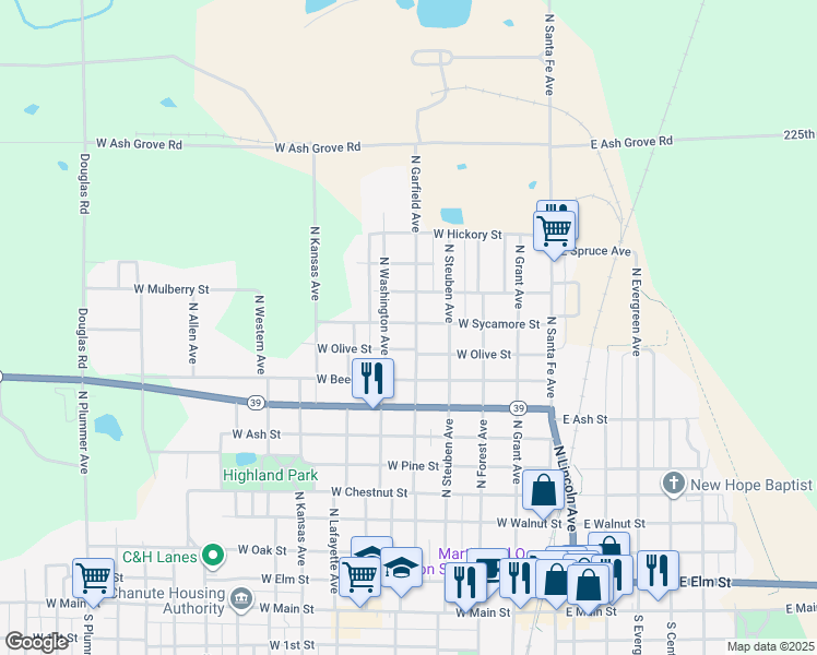 map of restaurants, bars, coffee shops, grocery stores, and more near West Sycamore Street in Chanute