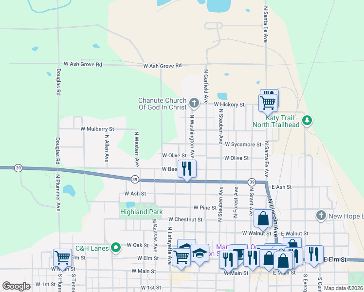 map of restaurants, bars, coffee shops, grocery stores, and more near W Sycamore St in Chanute