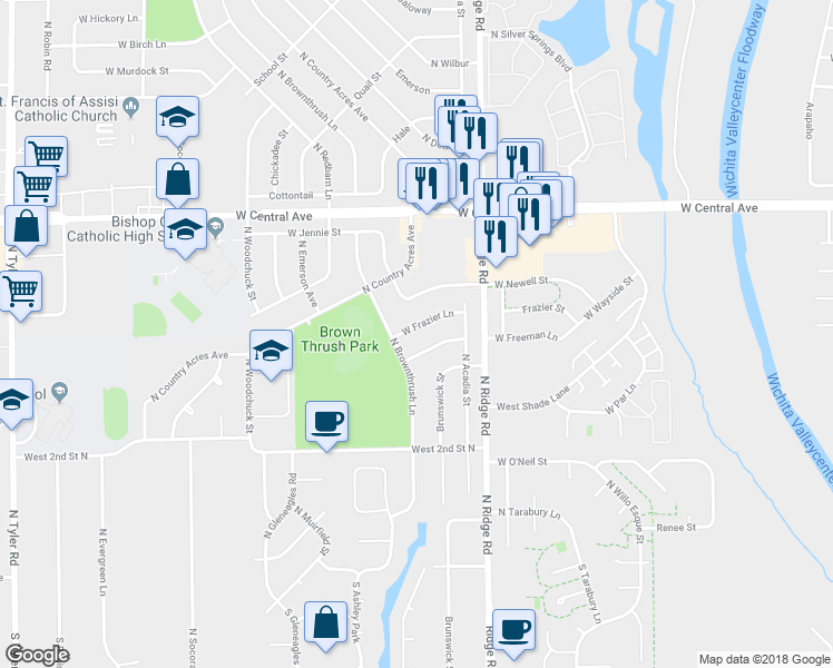 map of restaurants, bars, coffee shops, grocery stores, and more near 7415 West Frazier Lane in Wichita