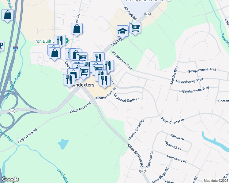 map of restaurants, bars, coffee shops, grocery stores, and more near 9446 Apple Blossom Drive in Mechanicsville