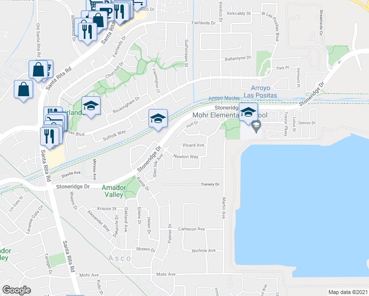 map of restaurants, bars, coffee shops, grocery stores, and more near 3866 Picard Avenue in Pleasanton