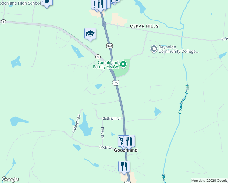 map of restaurants, bars, coffee shops, grocery stores, and more near 3055 River Road West in Goochland