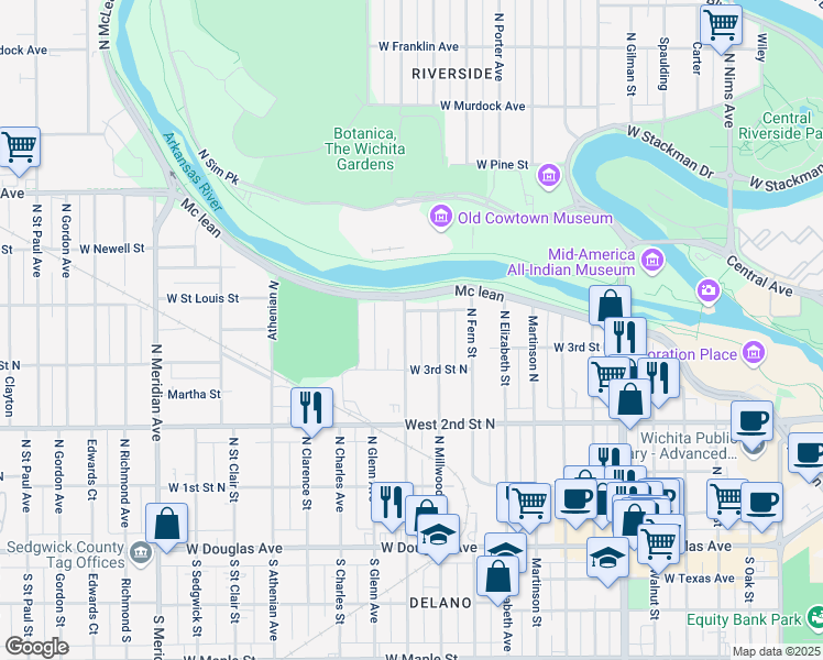 map of restaurants, bars, coffee shops, grocery stores, and more near 439 Vine North in Wichita