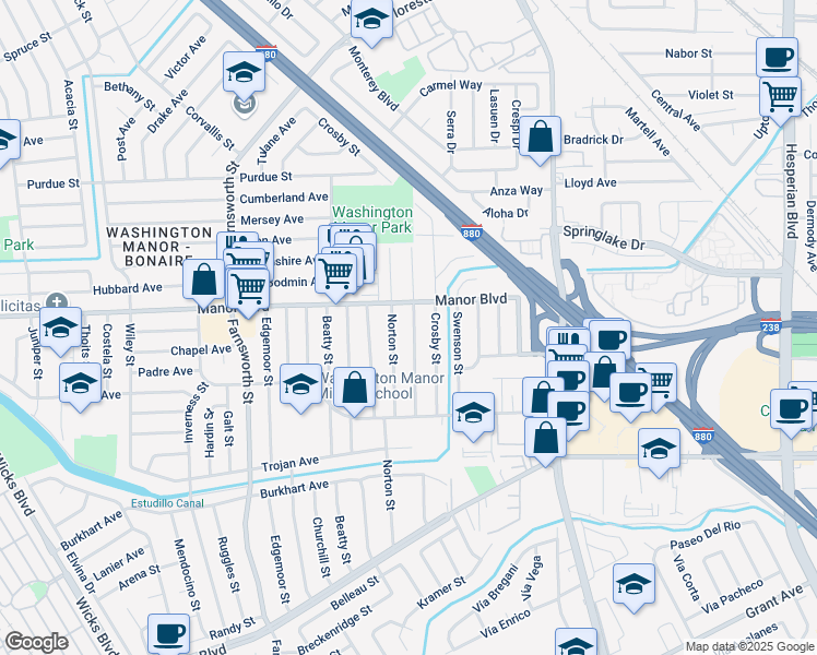 map of restaurants, bars, coffee shops, grocery stores, and more near 15045 Endicott Street in San Leandro