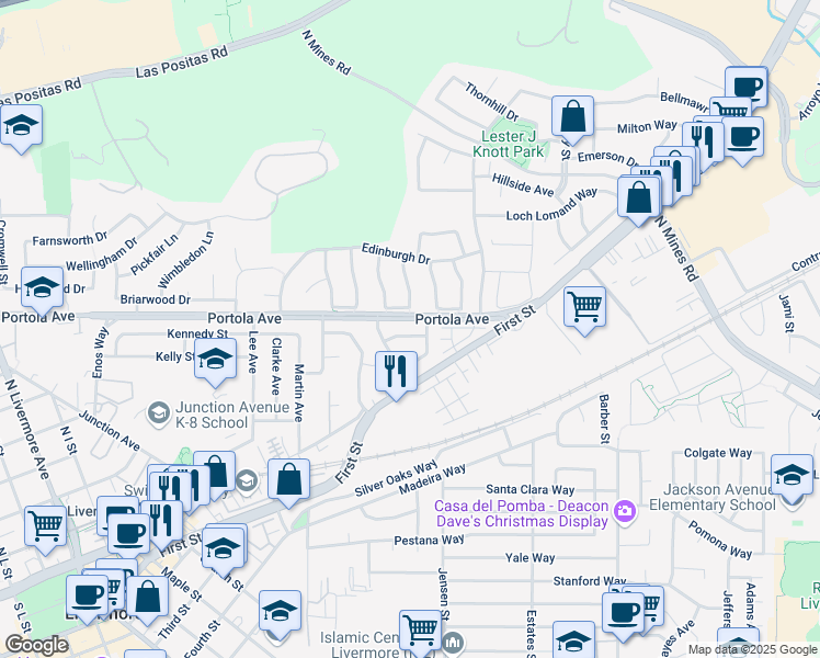 map of restaurants, bars, coffee shops, grocery stores, and more near 3560 Ridgecrest Way in Livermore