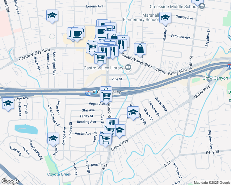 map of restaurants, bars, coffee shops, grocery stores, and more near 21504 Redwood Road in Castro Valley
