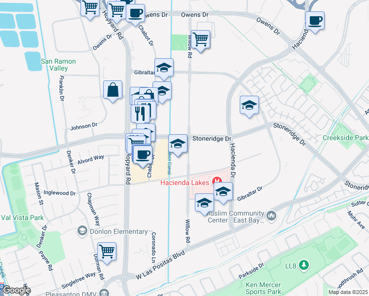 map of restaurants, bars, coffee shops, grocery stores, and more near 3924 Willow Road in Pleasanton