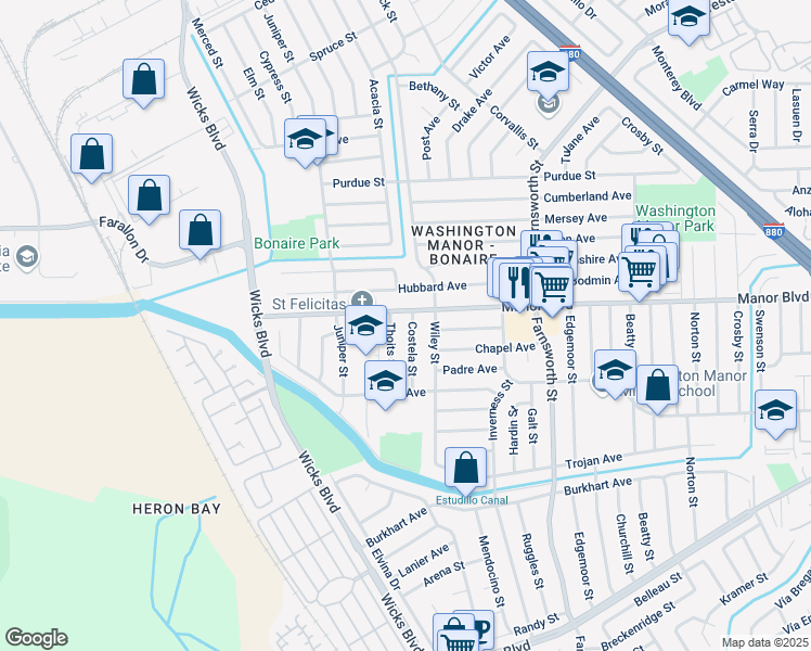 map of restaurants, bars, coffee shops, grocery stores, and more near 15031 Costela Street in San Leandro