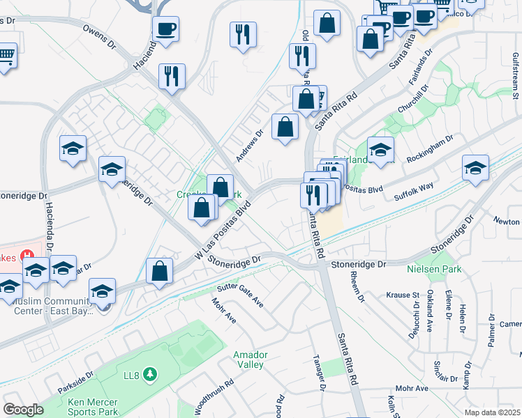 map of restaurants, bars, coffee shops, grocery stores, and more near 4855 Saginaw Circle in Pleasanton