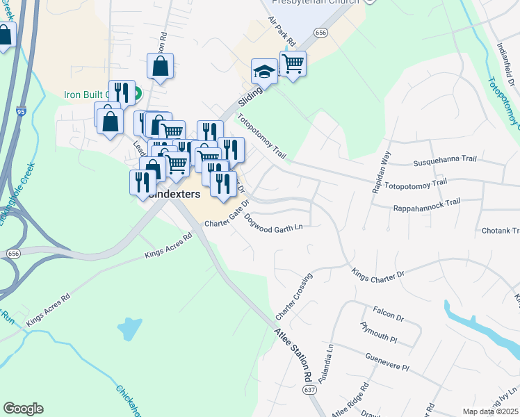 map of restaurants, bars, coffee shops, grocery stores, and more near 9440 Apple Blossom Drive in Mechanicsville