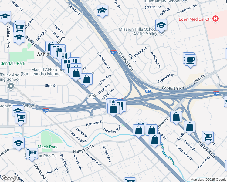 map of restaurants, bars, coffee shops, grocery stores, and more near 1530 172nd Avenue in Hayward
