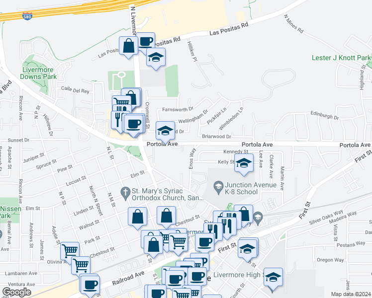 map of restaurants, bars, coffee shops, grocery stores, and more near 2628 Kennedy Street in Livermore