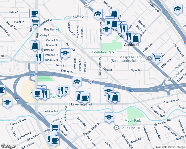 map of restaurants, bars, coffee shops, grocery stores, and more near 442 Crespi Place in San Lorenzo