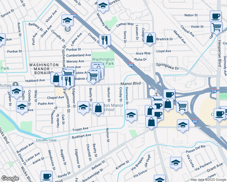map of restaurants, bars, coffee shops, grocery stores, and more near 15045 Endicott Street in San Leandro