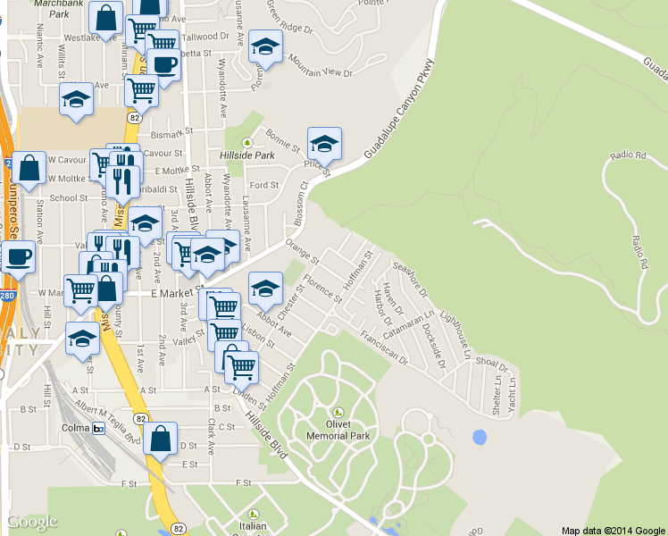 map of restaurants, bars, coffee shops, grocery stores, and more near 606 Orange Street in Daly City