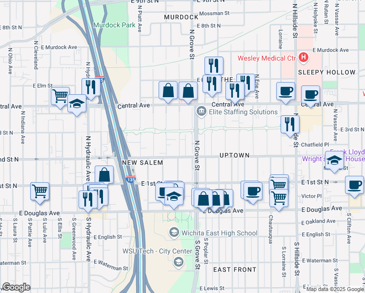 map of restaurants, bars, coffee shops, grocery stores, and more near in Wichita