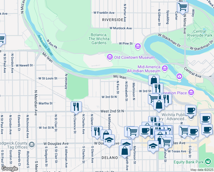 map of restaurants, bars, coffee shops, grocery stores, and more near 433 Millwood North in Wichita