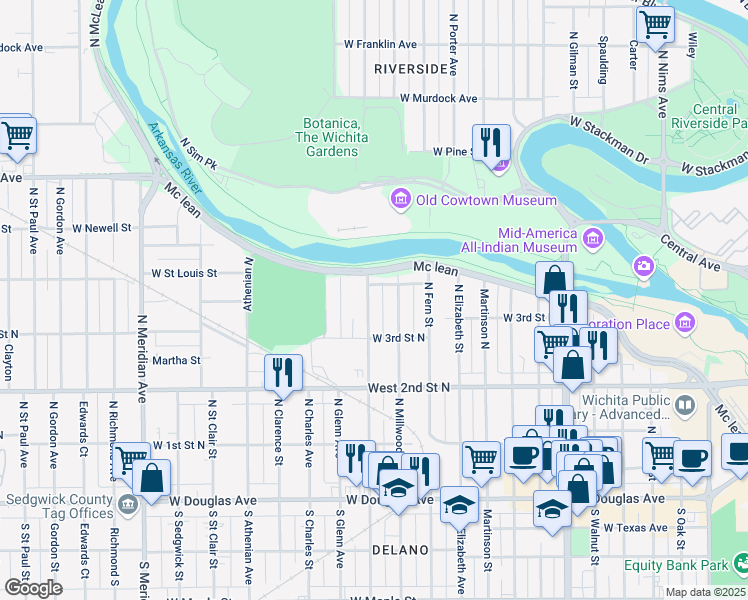 map of restaurants, bars, coffee shops, grocery stores, and more near 439 Vine North in Wichita