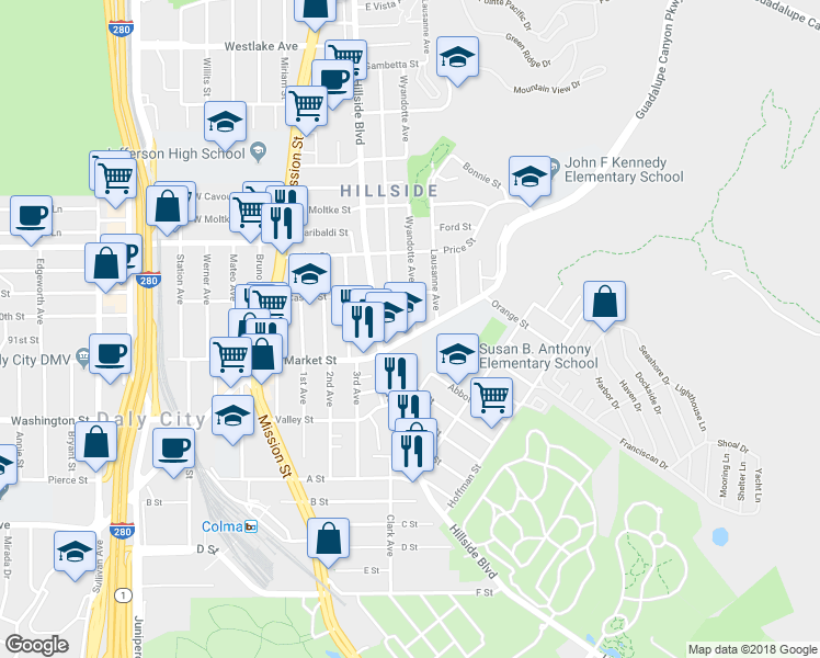 map of restaurants, bars, coffee shops, grocery stores, and more near 499 East Market Street in Daly City
