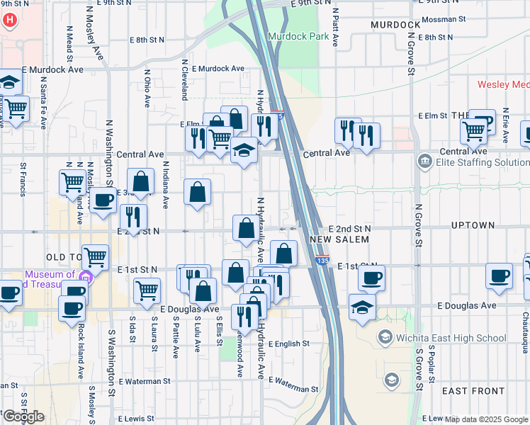 map of restaurants, bars, coffee shops, grocery stores, and more near 314 North Hydraulic Street in Wichita