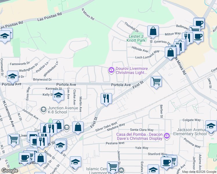 map of restaurants, bars, coffee shops, grocery stores, and more near 3560 Ridgecrest Way in Livermore
