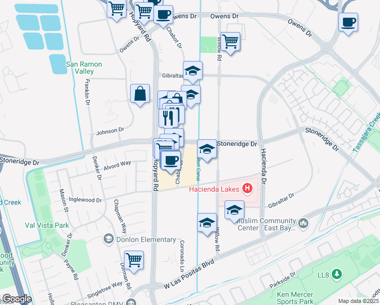 map of restaurants, bars, coffee shops, grocery stores, and more near 5960 Stoneridge Drive in Pleasanton