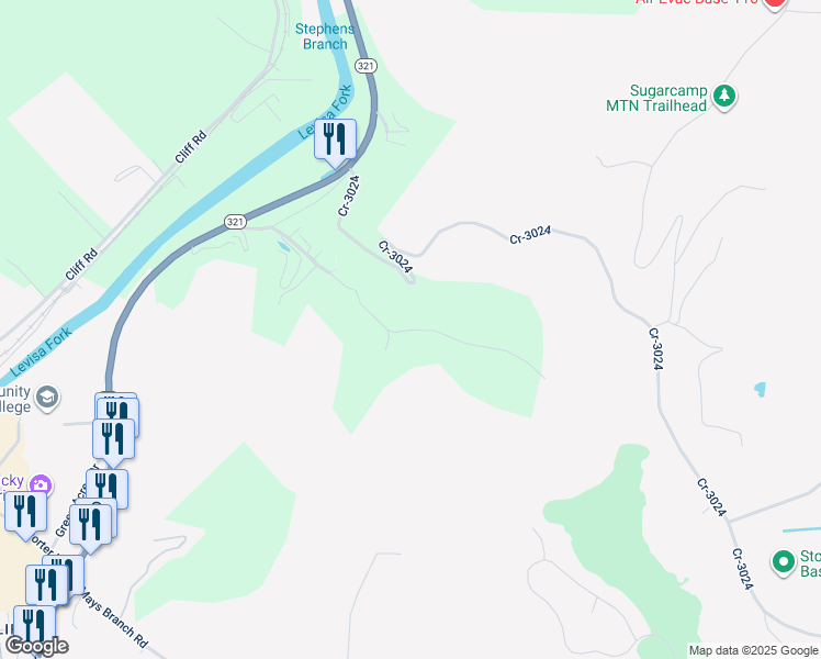 map of restaurants, bars, coffee shops, grocery stores, and more near Spradlin Branch Road in Prestonsburg