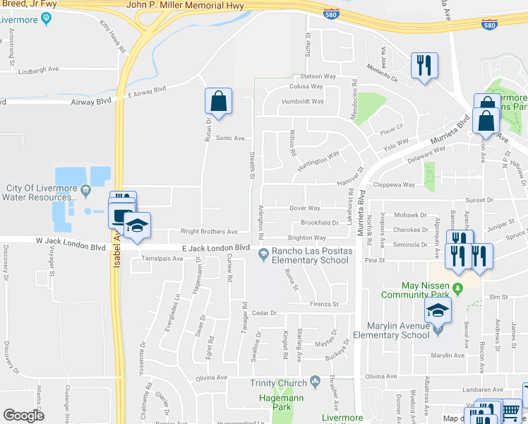 map of restaurants, bars, coffee shops, grocery stores, and more near 407 Dover Way in Livermore