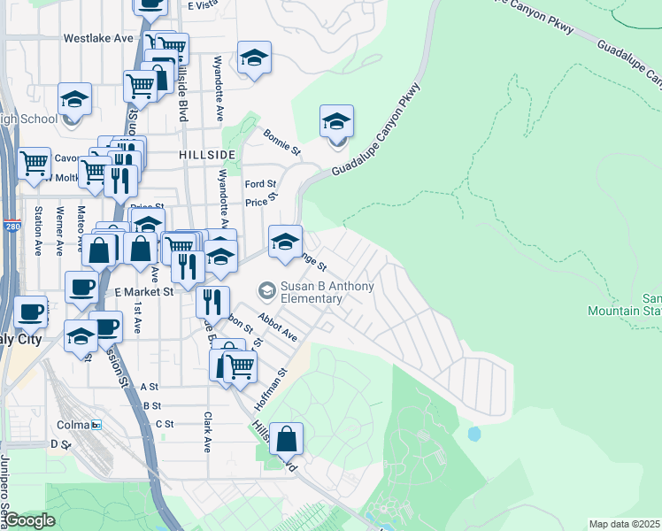 map of restaurants, bars, coffee shops, grocery stores, and more near 606 Orange Street in Daly City