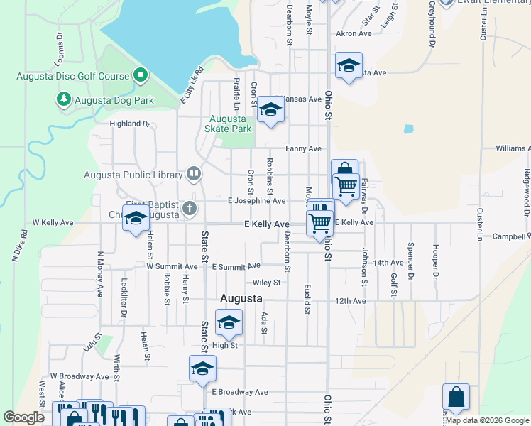 map of restaurants, bars, coffee shops, grocery stores, and more near 1515 Robbins Street in Augusta